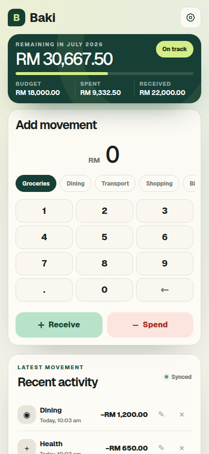 Baki monthly budget dashboard showing MYR balance, spending activity, and quick entry controls